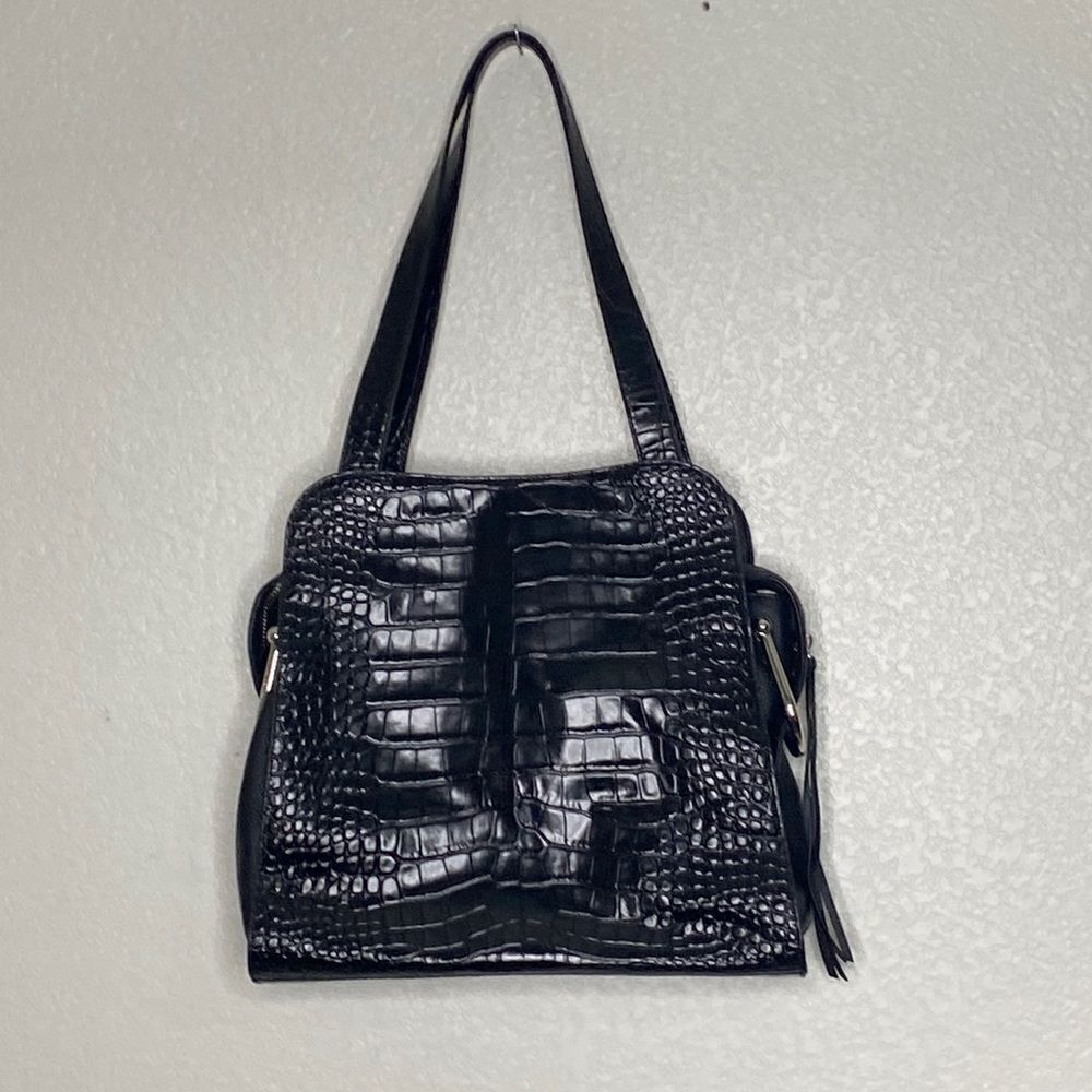 VINCE CAMUTO Croc Embossed Black Leather Shoulder Bag NWOT